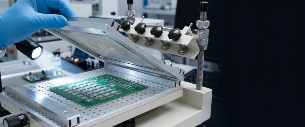 AP CHM-T3040 Stencil Printer for PCB solder paste application, shown with a stencil frame and circuit board on a metal fixture