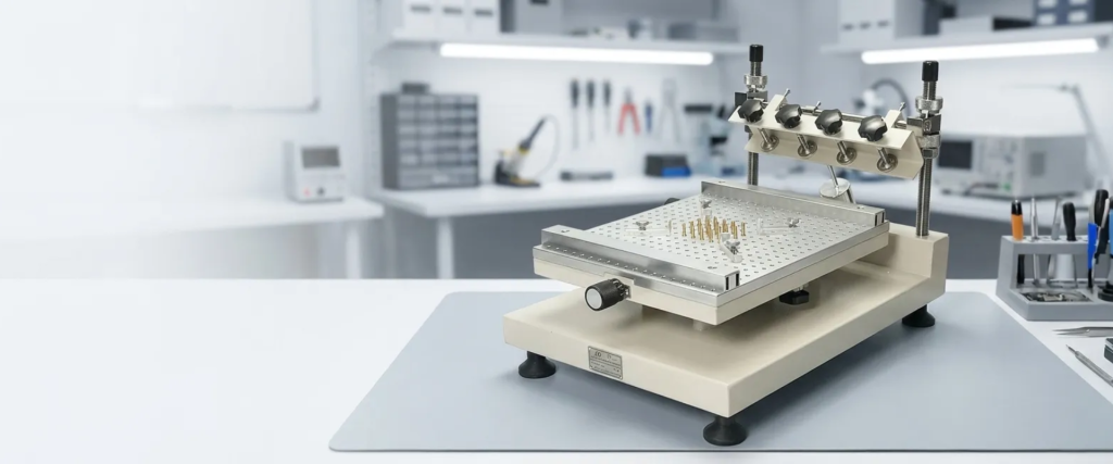 AP CHM-T3040 Stencil Printer in a clean lab setting, featuring an adjustable metal jig platform for precise stencil printing