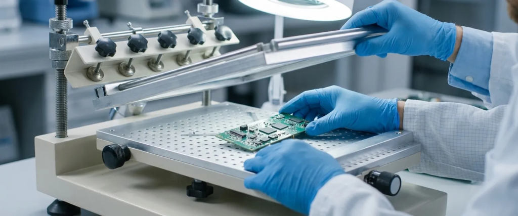 AP CHM-T3040 Stencil Printer in an electronics lab, with gloved hands placing a circuit board on the precision stencil machine