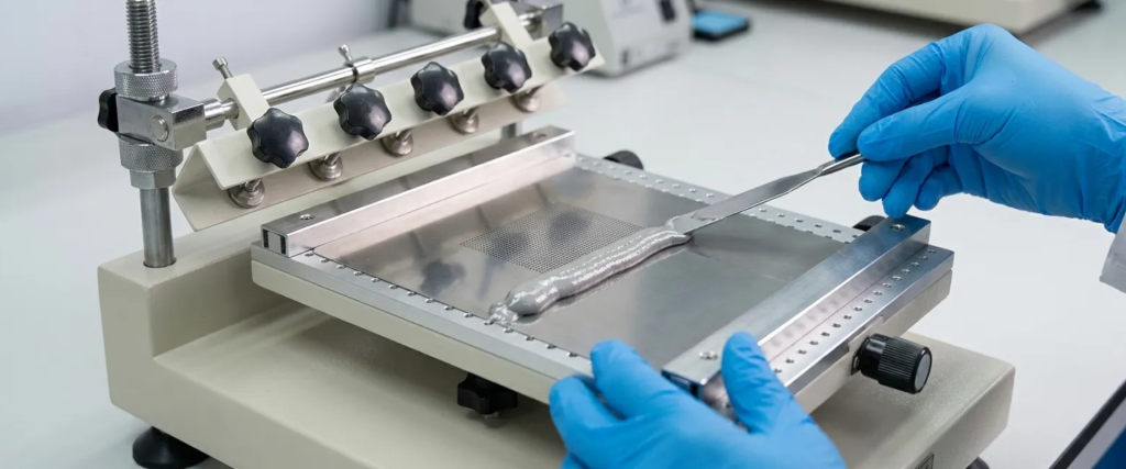 AP CHM-T3040 Stencil Printer in use, with blue-gloved hands applying paste to a metal stencil screen for circuit board printing