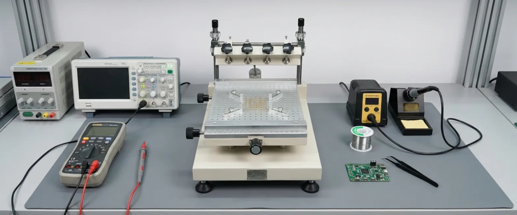 AP CHM-T3040 Stencil Printer on electronics workbench with testing equipment, soldering tools, and PCB assembly setup