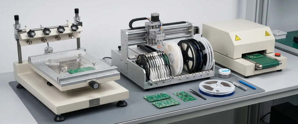 AP CHM-T3040 Stencil Printer on workbench with PCB boards, stencil frames, reels, and SMT tools in a clean electronics lab setup