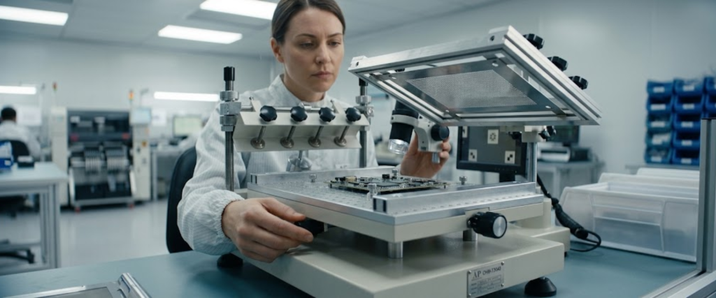 AP CHM-T3040 Stencil Printer operator inspecting circuit board in a clean electronics lab, using precision stencil printing equipment