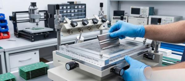 AP CHM-T3040 Stencil Printer used for PCB solder paste application in a clean electronics workshop
