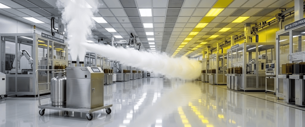 AP50 cleanroom semiconductor factory with robotic equipment and vapor spray in a modern production line, bright reflective floor