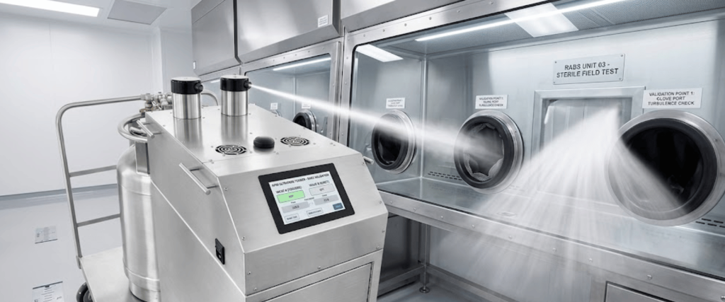 AP50 cleanroom sterilization machine spraying disinfectant inside a sterile field test chamber with glove ports and stainless steel panels