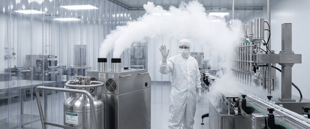 AP50 cleanroom worker waves near industrial machinery with vapor jets in a sterile pharmaceutical production facility