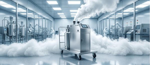AP50 portable cryogenic cleaning machine in a sterile industrial lab, with technicians and advanced equipment