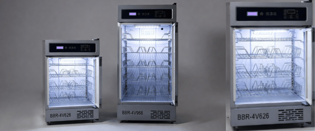 BBR-4V626 commercial glass door refrigerator with illuminated shelves, stainless steel design, and digital control panel