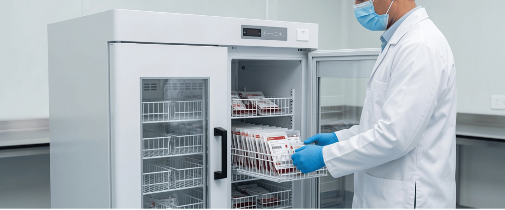 BBR-4V626 lab technician in a white coat and gloves storing medical samples in a freezer cabinet