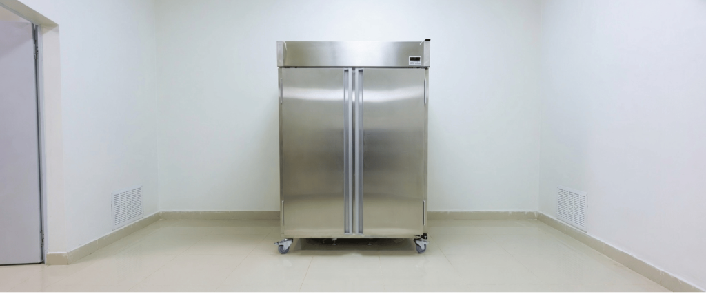 BBR-4V626 stainless steel double door commercial refrigerator in a clean empty room on casters, front view