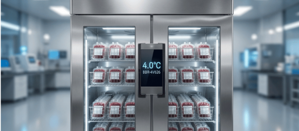 BBR-4V626 vaccine storage refrigerator in a medical lab, showing 4.0°C temperature and organized blood bags