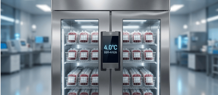BBR-4V626 vaccine storage refrigerator in a medical lab, showing 4.0°C temperature and organized blood bags