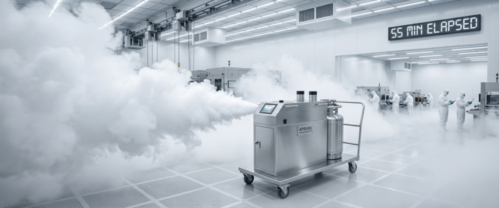 AP50 cleanroom fog generator used in a sterile lab with technicians and equipment
