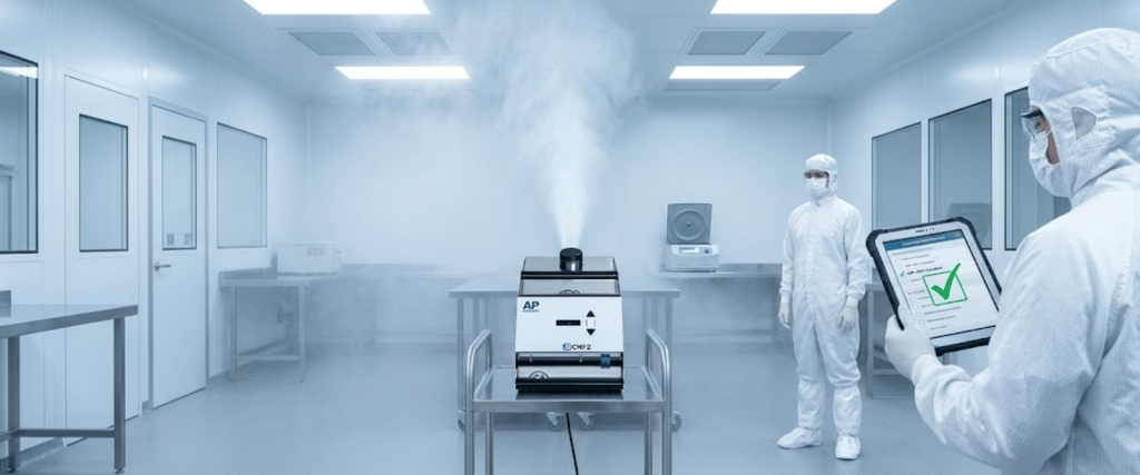 CRF2-S cleanroom fogger in sterile lab with technicians, tablet inspection, and controlled mist dispersion for sanitation checks