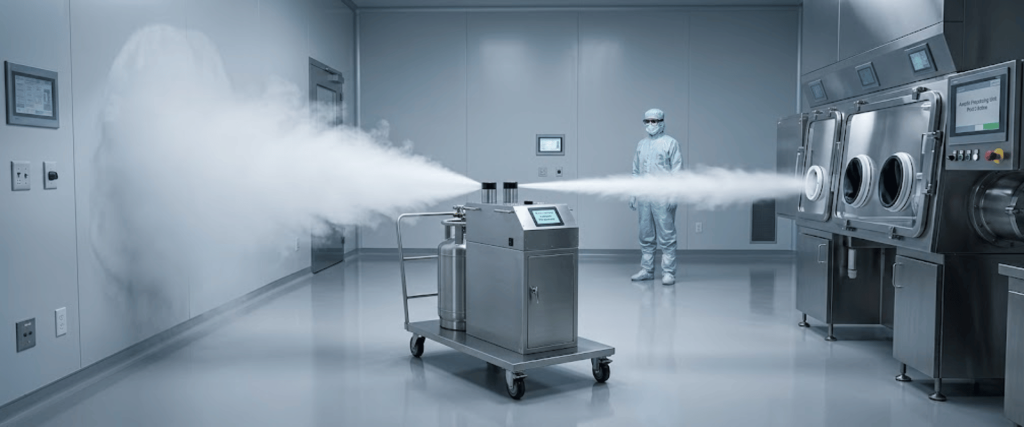 AP50 cryogenic fog system testing in a cleanroom with a technician, stainless steel equipment, and vapor discharge