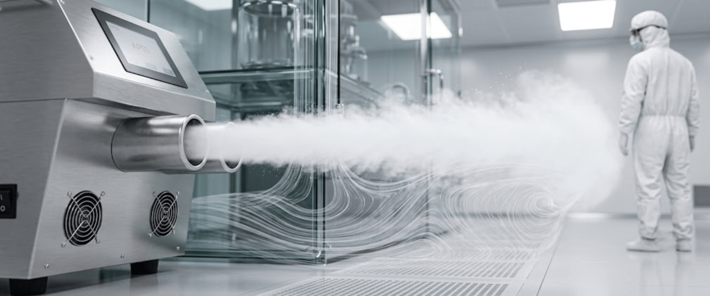 AP50 cryogenic machine releasing vapor in a clean room with a technician in protective suit