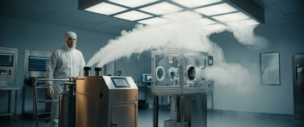AP50 cryogenic test chamber releasing vapor in a sterile lab while a technician monitors the advanced system