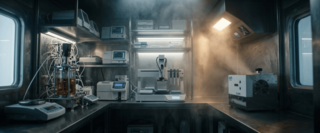 CRF2-S laboratory interior with advanced scientific instruments, analyzers, and equipment inside a modern research workspace