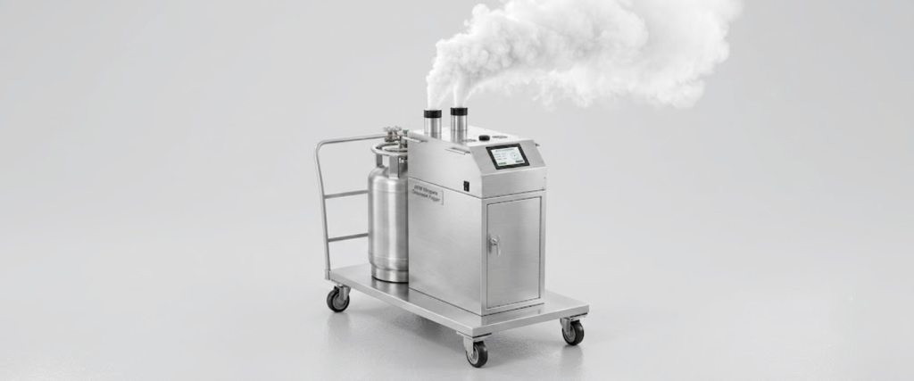 AP50 portable cryogenic fog machine on wheeled cart, producing thick white fog from twin vents in a clean studio setting