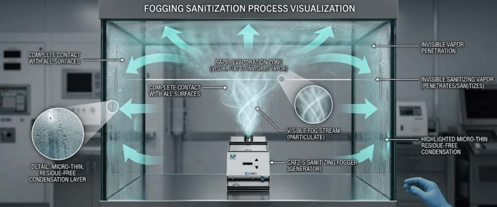 CRF2-S sanitizing fogger visualizes complete surface contact, invisible vapor penetration, and micro-thin residue-free condensation