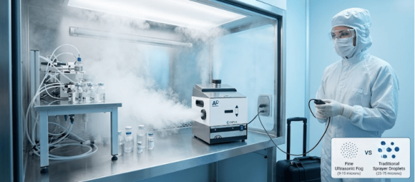 CRF2-S ultrasonic fog generator in a sterile lab, operated by a technician for precise fine mist and spray testing