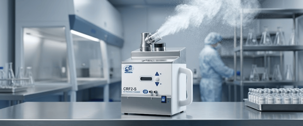 CRF2-S ultrasonic fogger in a clean lab, producing mist for testing while a technician works