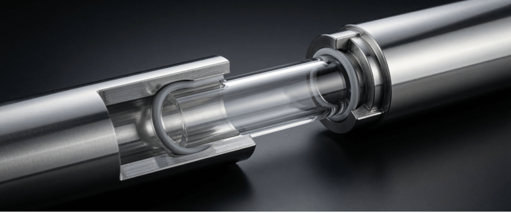 Elga UV stainless steel pipe system with transparent central chamber, showcasing precision industrial design and flow control