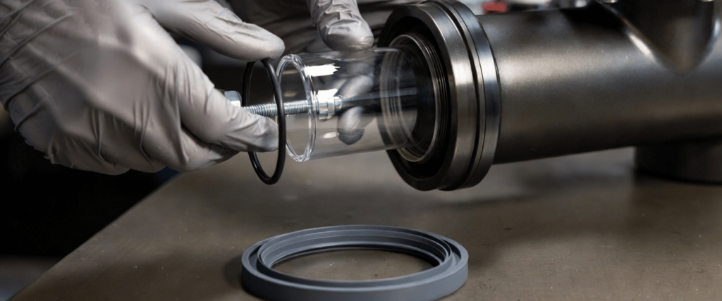 Elga UV technician extracting sleeve and seal from a glass cylinder assembly during precision equipment maintenance