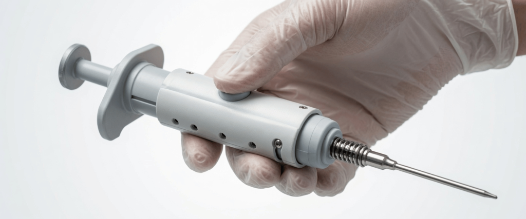 Fixed-Volume Pipettes held by a gloved hand for precise liquid dispensing in laboratory testing and research work