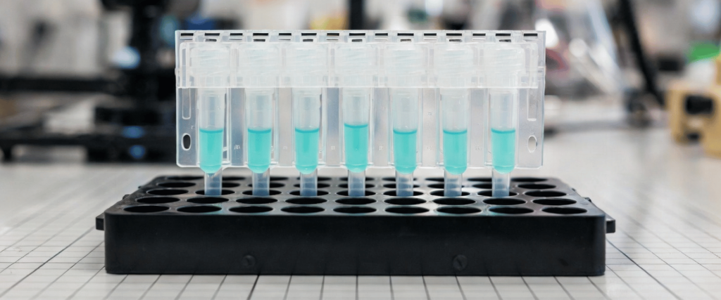 Fixed-Volume Pipettes in a laboratory rack with blue liquid samples, ready for accurate dispensing and testing