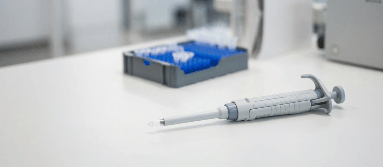 Fixed-Volume Pipettes on a clean lab bench beside a blue tip rack for precise liquid handling