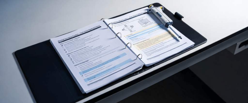 Fixed-Volume Pipettes training manual open on a laboratory bench with a pipette resting beside the instruction pages