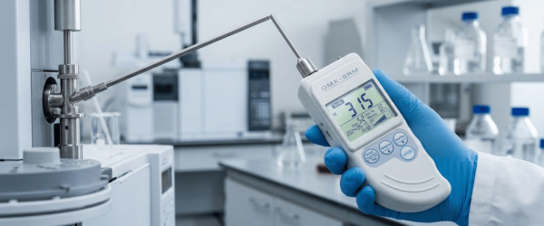 Hand holding a digital meter with probe in a lab, measuring a sample near scientific equipment and glass bottles