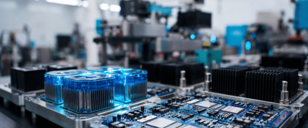 High-tech circuit board with blue cooling modules in an electronics factory, showing advanced electronics manufacturing setup