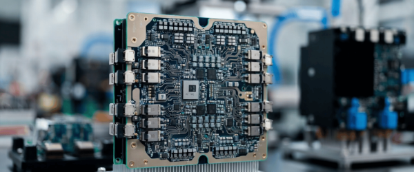 High-tech circuit board with microchips on industrial test bench, electronic components inspection, advanced hardware manufacturing