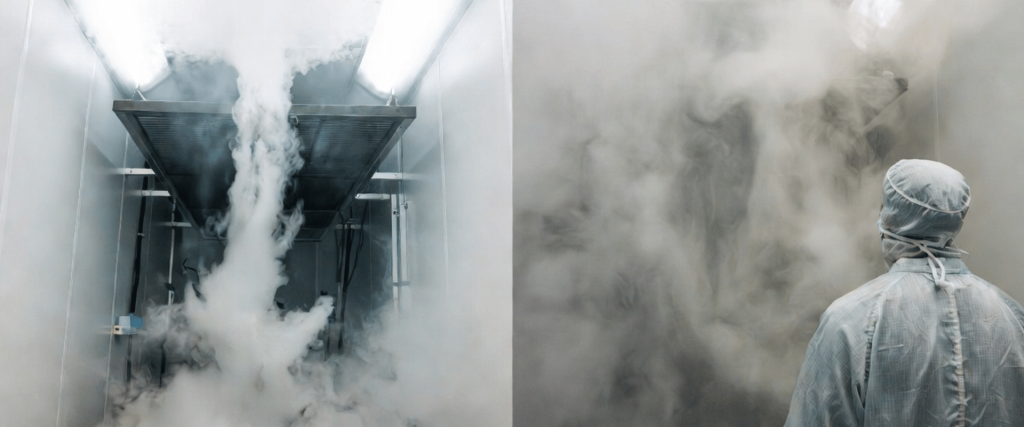 ISO-146443 cleanroom smoke test for airflow-visualization and contamination-control during certification