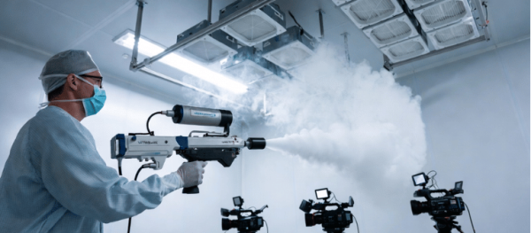 ISO 14644-3 cleanroom smoke test with technician using testing equipment and cameras to verify airflow and contamination control