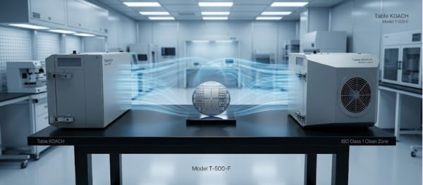 ISO Class 1 cleanroom with KOACH air units and airflow over a semiconductor wafer on a lab table