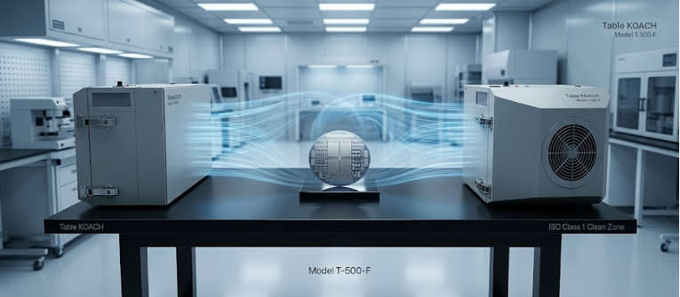 ISO Class 1 cleanroom with KOACH air units and airflow over a semiconductor wafer on a lab table