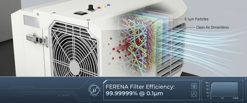 ISO Class air filter unit with 99.99999% 0.1µm particle efficiency and clean airflow visualization