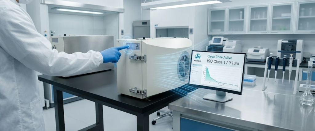 ISO Class cleanroom lab technician inspecting sterilized equipment with monitor showing clean zone status