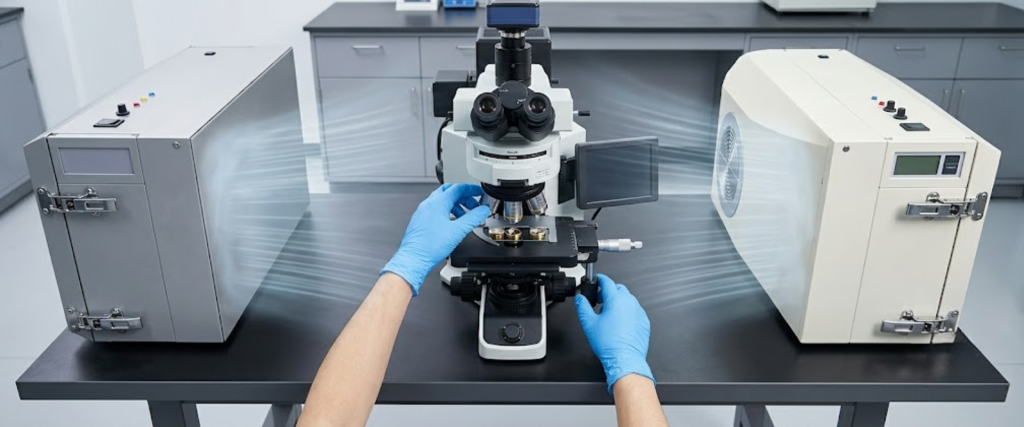 ISO Class cleanroom setup with a microscope and gloved technician handling samples beside sealed lab equipment