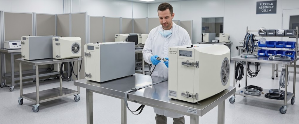 ISO Class cleanroom technician inspecting lab equipment in a sterile manufacturing facility, wearing gloves and lab coat