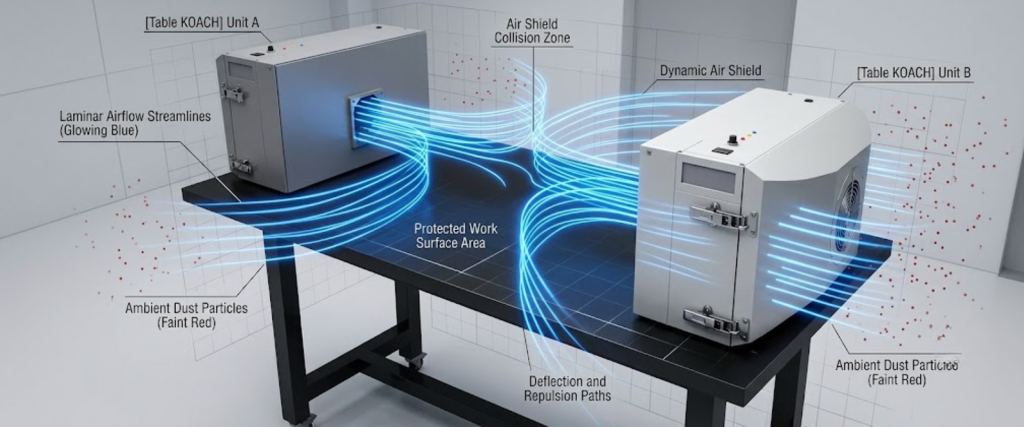 ISO Class laminar airflow diagram with two KOACH units creating a dynamic air shield over a protected work surface