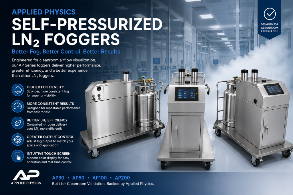 Applied Physics self-pressurized LN₂ foggers displayed in a cleanroom with dense fog for airflow visualization.