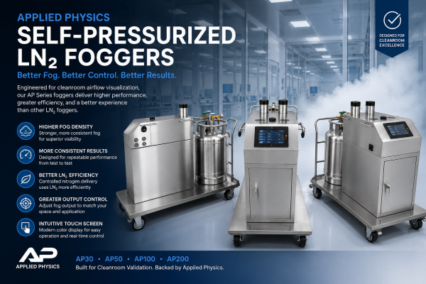 Applied Physics self-pressurized LN₂ foggers displayed in a cleanroom with dense fog for airflow visualization.