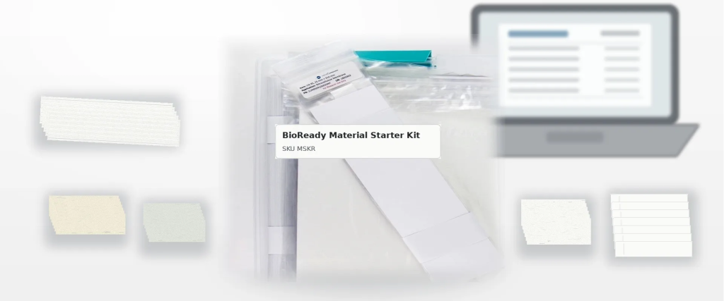Lateral Flow BioReady Material Starter Kit with sample strips, pouch, and laptop illustration