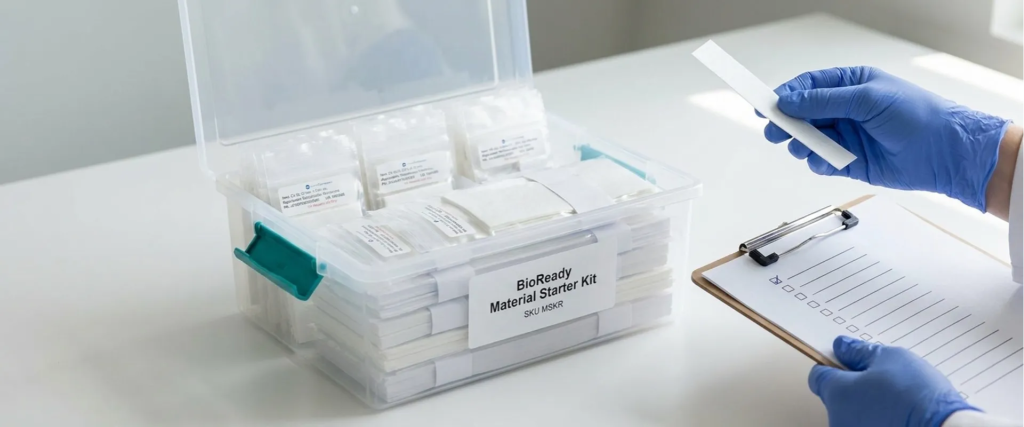 Lateral Flow test kit in BioReady material starter box, blue-gloved hands holding strip and checklist