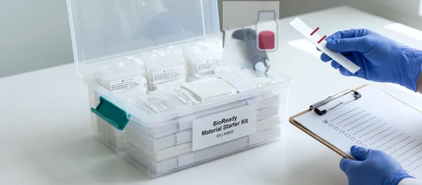Lateral Flow test kit with gloved hands holding a test strip and clipboard in a clean laboratory setting